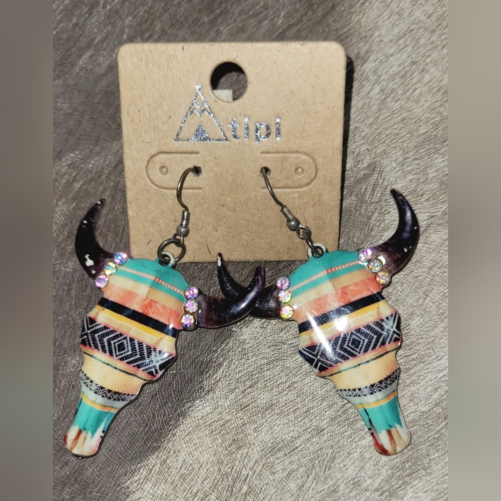 Tipi Steer Skull Stripped Earrings